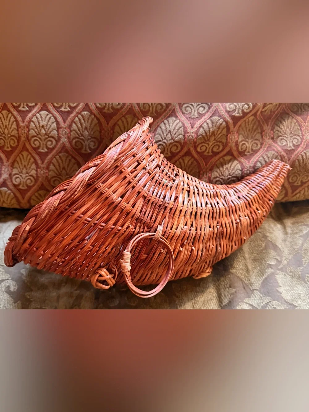 Vintage Woven Cornucopia Basket in Reddish Orange